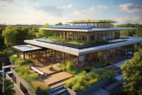 Sustainable Eco-Friendly Building - Futuristic Architecture, Green Roofs, Solar Panels, and Natural Integration - Generative AI