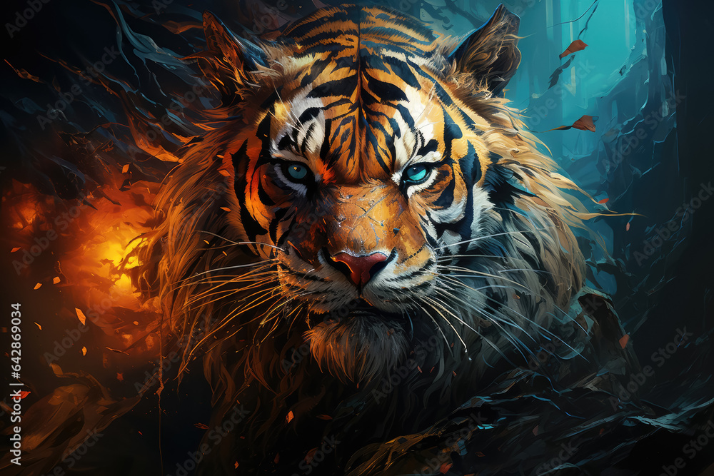 Close up of face realistic tiger , Created with Generative Ai Technology