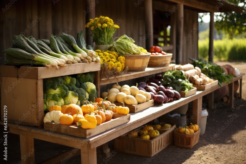 Generative ai of farm fresh organic vegetables for sale on a wooden table in the countryside.