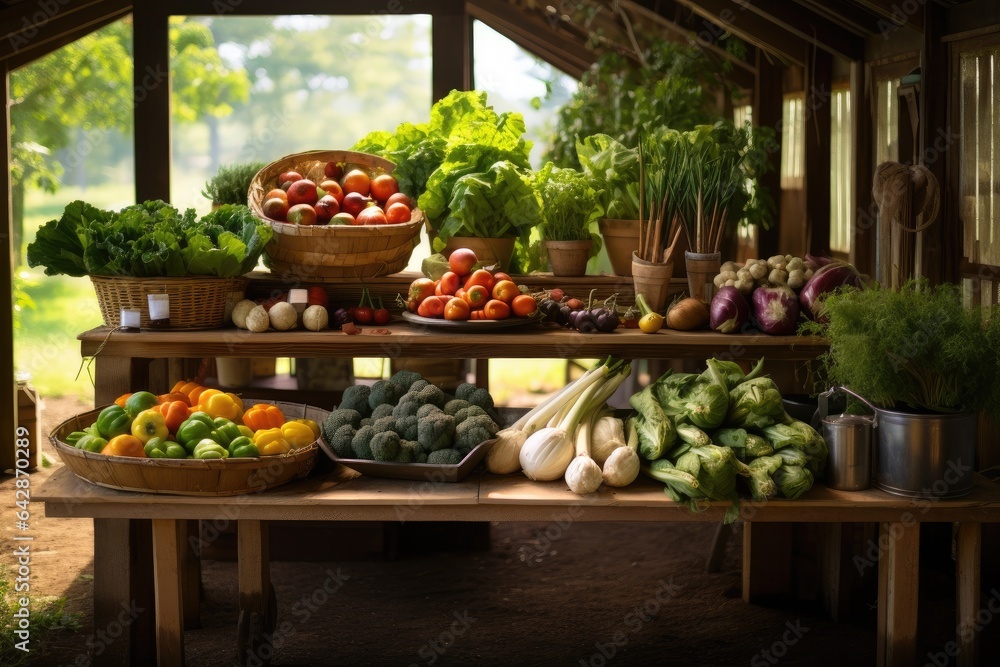 Generative ai of farm fresh organic vegetables for sale on a wooden table in the countryside. Generative ai of farm fresh organic vegetables for sale on a wooden table in the countryside.