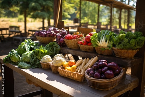 Generative ai of farm fresh organic vegetables for sale on a wooden table in the countryside.