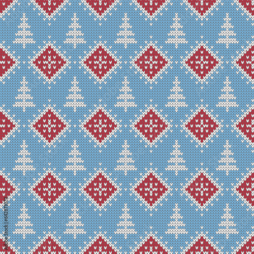 Winter knit texture pattern.Seamless vector illustration for Christmas, New Year, winter design. Xmas ugly sweater ornament. Fair isle pattern in blue and white.