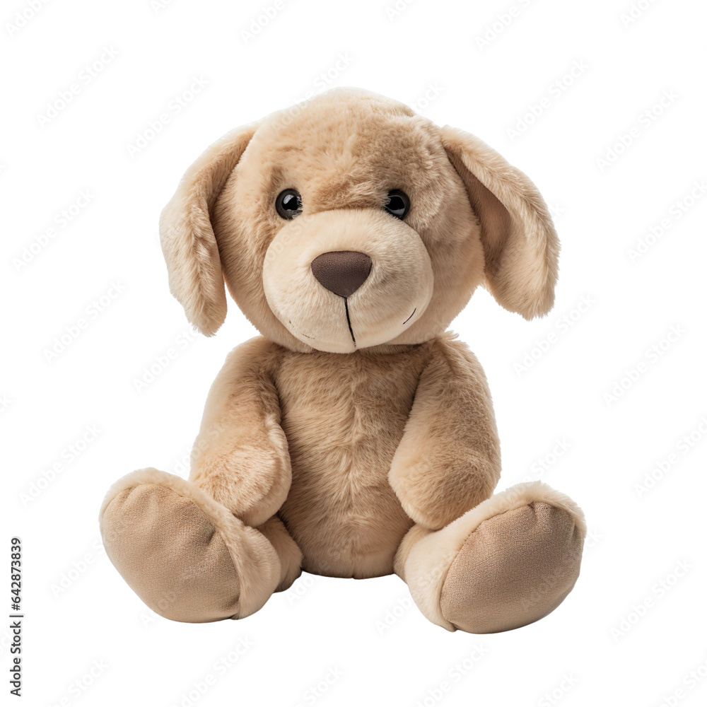 front view close up of dog soft toy isolated on a white transparent background - obrazy, fototapety, plakaty 