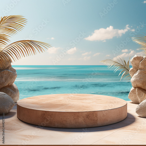 Summer sand and tropical sea background with abstract stone podium. Made with generative ai