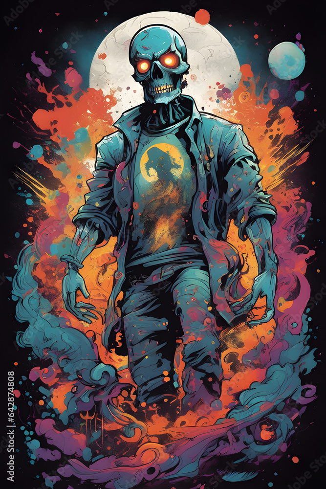 Fototapeta premium A graffiti style image of a spooky evil skeleton zombie. Suitable for a t-shirt design or Halloween. 