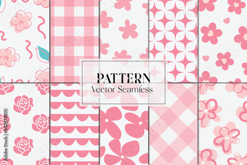 Pink flowers and geometric shapes seamless repeat pattern set