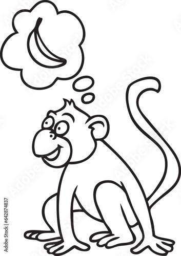 Cartoon: niedlicher Affe schaut gespannt und aufgeregt in der Hoffnung auf eine Banane als Belohnung