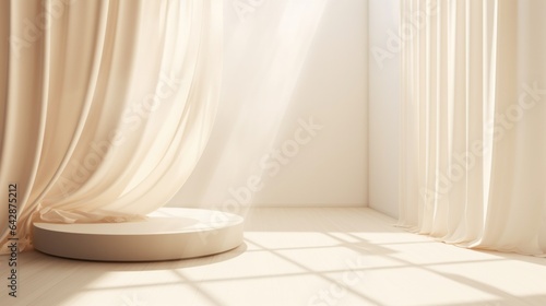 Luxury cream colored round glossy pedestal podium in dappled sunlight from window with white blowing sheer curtain in white wall background for product display.