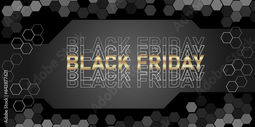 Black Friday Sale. Banner, poster, logo golden color on dark background.shopping , big percent label discount. Creative marketing concept. Vector illustration dark ballon and lighting