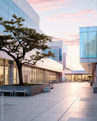 A locked-off shot of a modern hospital exterior in soft morning light, conveying a sense of serenity and care