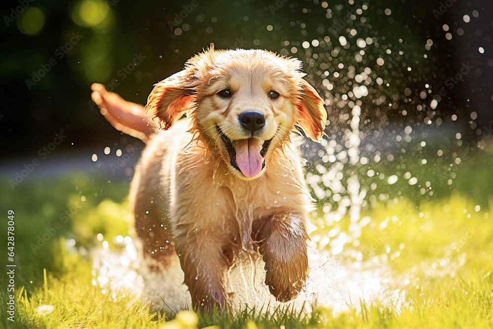 Cute Golden Retriever puppy playing with garden sprinkler water