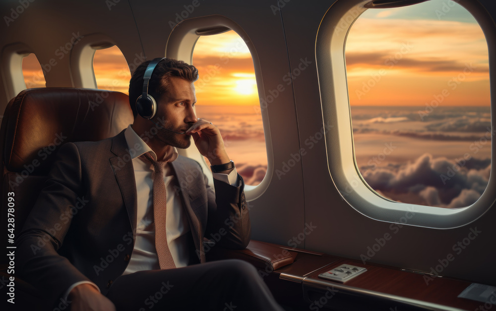 Fototapeta premium handsome businessman looking at airplane window while using headphone in private jet