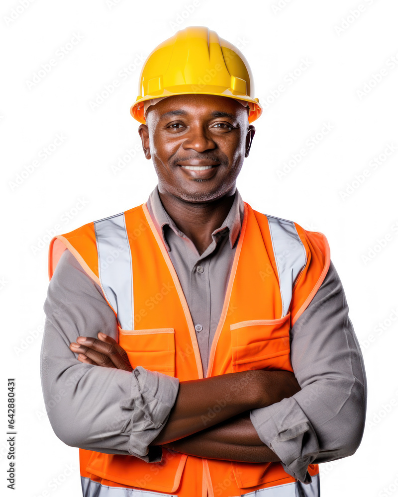 Worker african man with crossed arm wearing orange protective vest helmet on white background Worker african man with crossed arm wearing orange protective vest helmet on white background