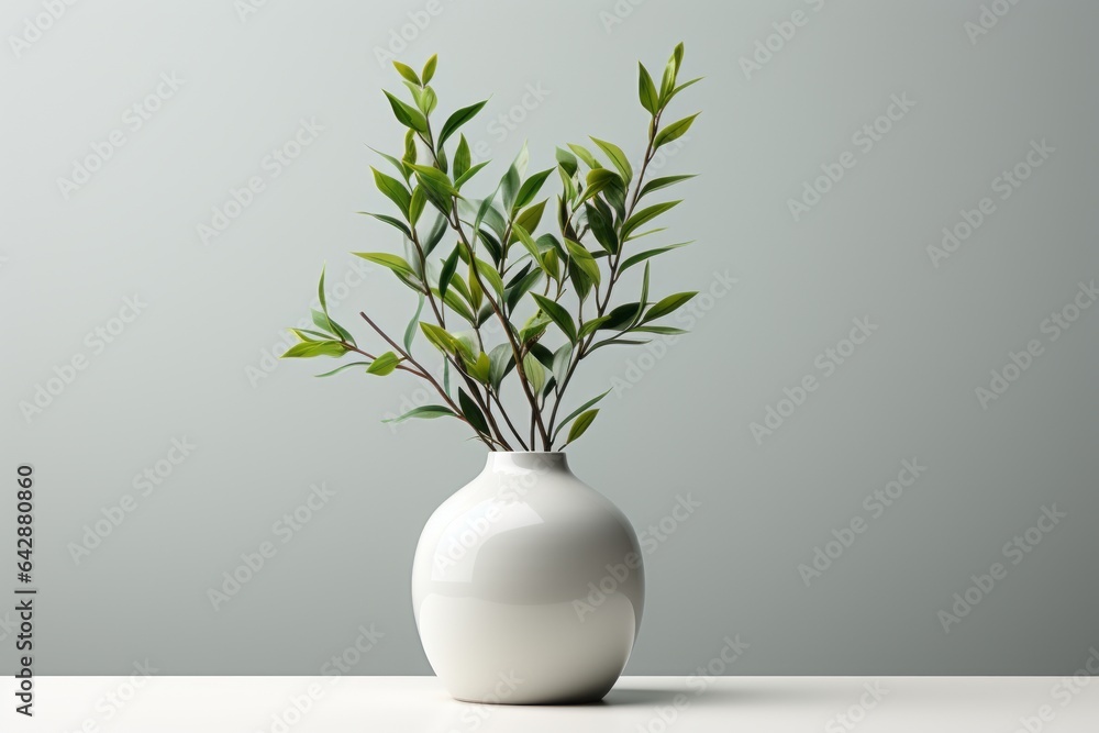 Un vase blanc avec plante sur fond simple