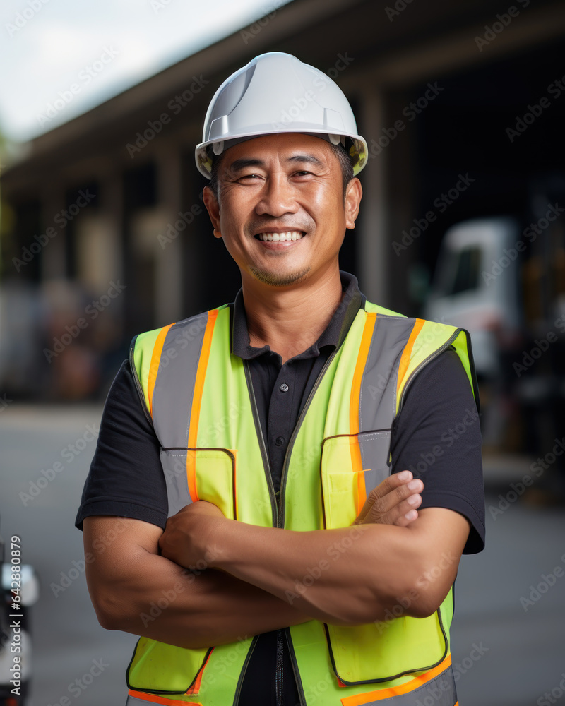 Worker asian man with crossed arm wearing orange protective vest helmet on construction background Worker asian man with crossed arm wearing orange protective vest helmet on construction background