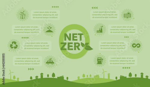 Net zero concept. Net zero greenhouse gas emissions target. Climate neutral long term strategy with green net zero icon and green icon