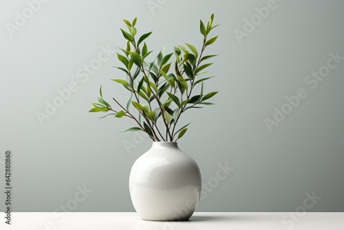 Fotografiet Un vase blanc avec plante sur fond simple