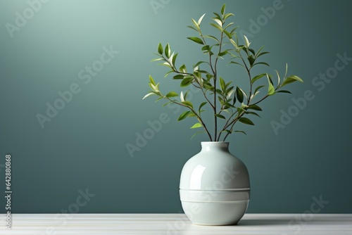 Canvastavla Un vase blanc avec plante sur fond simple