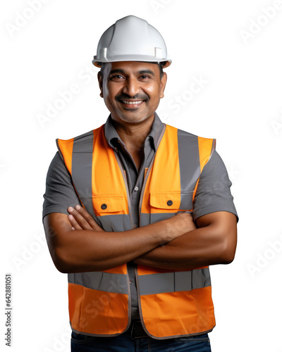 Worker indian man with crossed arm wearing orange protective vest helmet on white background