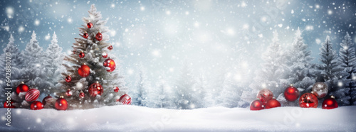Beautiful Festive Christmas snowy background. Christmas tree decorated with red balls and knitted toys in forest in snowdrifts in snowfall outdoors, banner format, copy space © GustavsMD