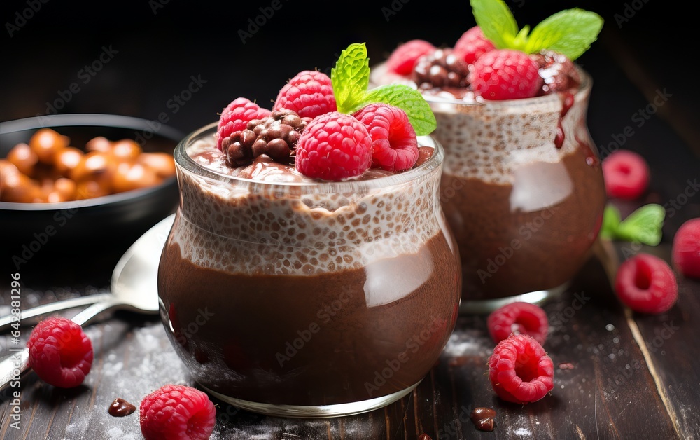 Chocolate chia pudding and raspberries on wooden table Chocolate chia pudding and raspberries on wooden table
