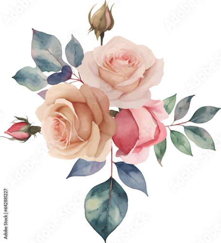 Floral rose leaves arrangement frame illustration wedding invitation. Isolated on white background. greeting card, wall art, Pink bouquet roses, Blush flowers