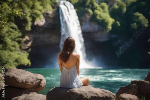 woman traveler standing in front of the waterfall