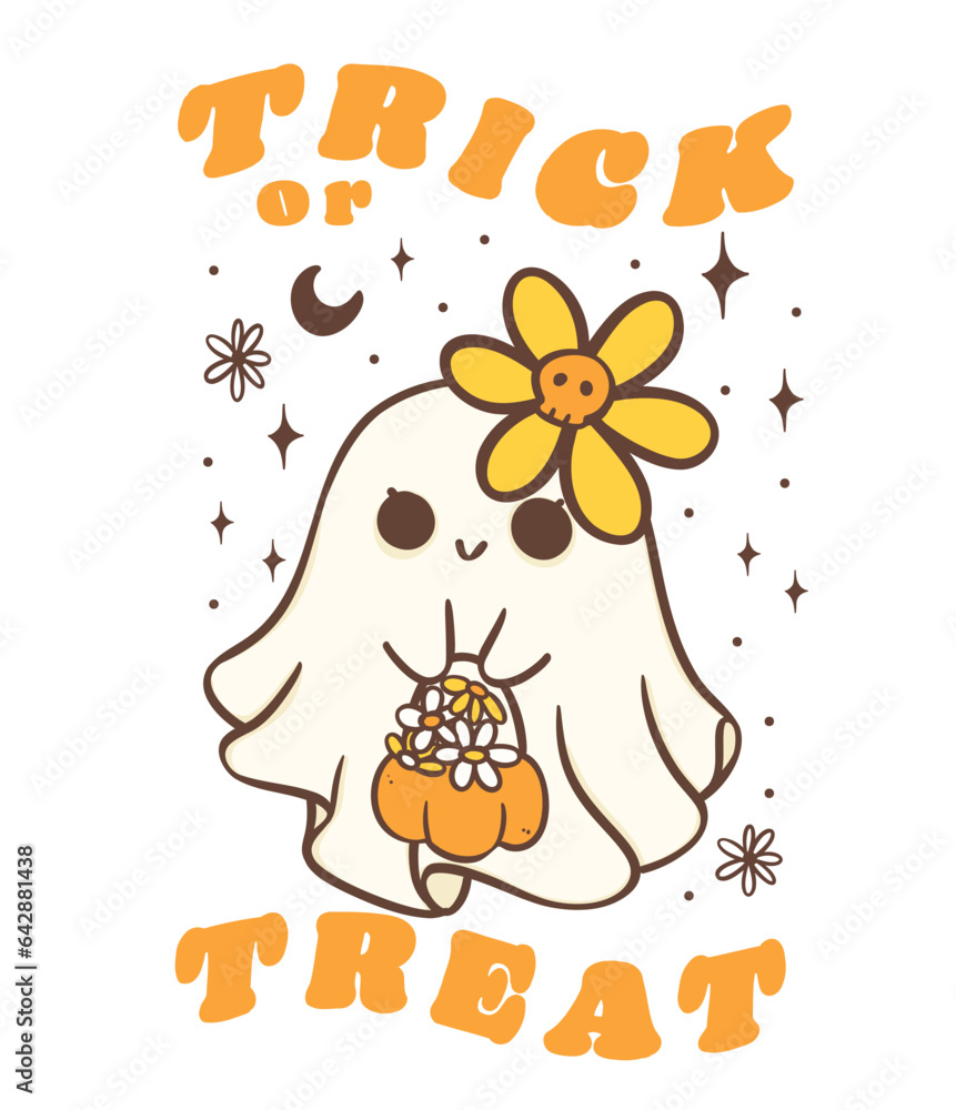 Cute Halloween shy ghost with daisy flower, kawaii Retro floral spooky, Trick or Treat, cartoon doodle outline drawing illustration idea for greeting card, t shirt design and crafts. Cute Halloween shy ghost with daisy flower, kawaii Retro floral spooky, Trick or Treat, cartoon doodle outline drawing illustration idea for greeting card, t shirt design and crafts.