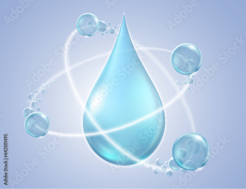 Air bubbles orbit the molecules of clear water droplets. Refers to clean, safe water. realistic vector illustration.