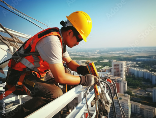Construction worker wear standard personal protective equipment at height rise building project