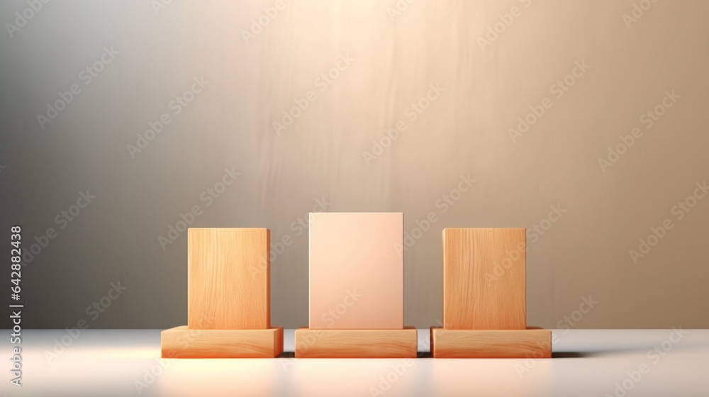 Minimalistic three square podiums made of light wood against a light wall. Minimalistic three square podiums made of light wood against a light wall.
