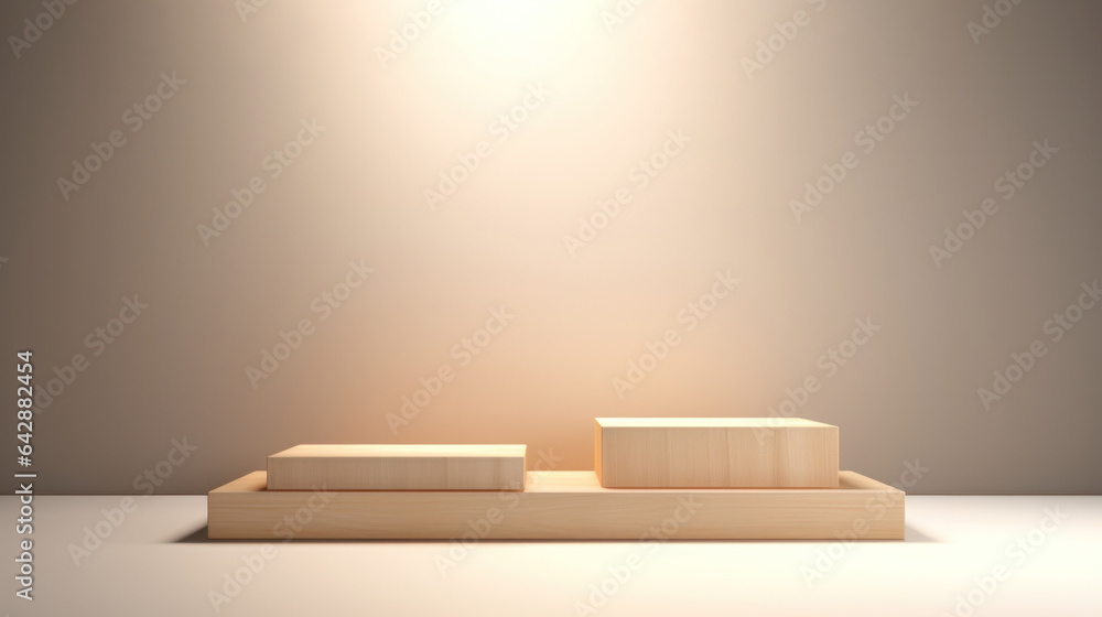Minimalistic square podiums made of light wood against a light wall. Minimalistic square podiums made of light wood against a light wall.