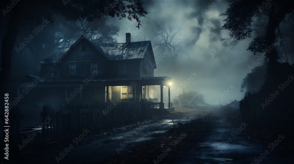 Old house in the forest at night with fog. Horror Halloween concept Old house in the forest at night with fog. Horror Halloween concept