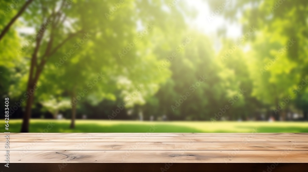 Empty wooden table for product display. Blurred green nature park background Empty wooden table for product display. Blurred green nature park background