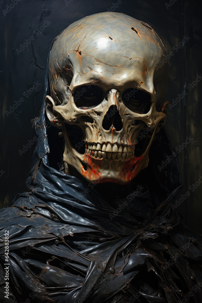 Fototapeta premium Horror, skeleton, Baroquecore, oil on canvas, detailed, ai generated.