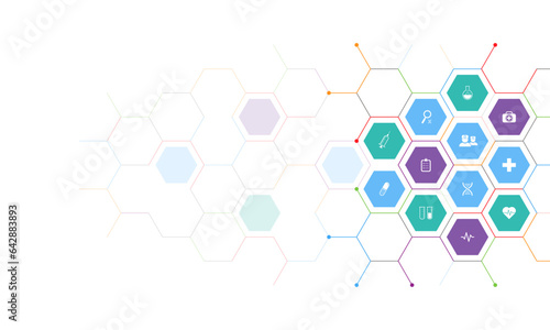 Medical background and healthcare technology with flat icons and symbols. Design template of concept and idea for health care business, innovation medicine, health safety, science. Vector illustration