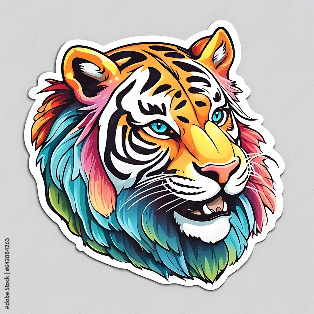 beautiful and colorful tiger head sticker isolated on white background, generative AI