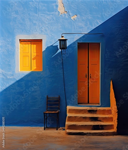 Fototapeta Naklejka Na Ścianę i Meble -  an orange door and chair in front of a blue building with yellow shutters on the windows, santoia, greece