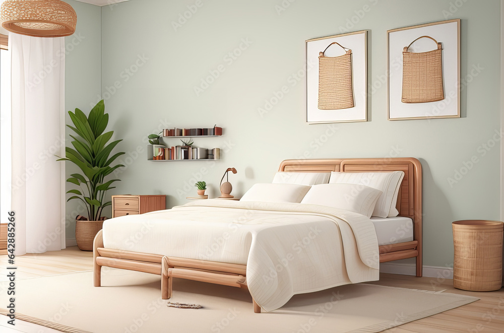 Obraz premium Coastal Style Bedroom: Rattan Furniture and Empty Frames Home Mockup.