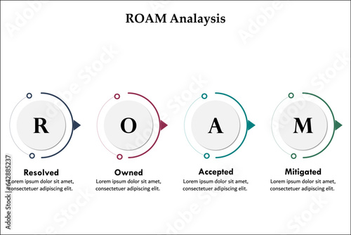 ROAM Analysis - Resolved, Owned, Accepted, Mitigated. Infographic template with icons