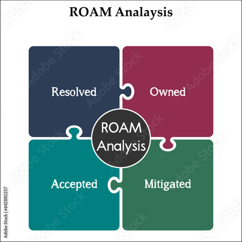ROAM Analysis - Resolved, Owned, Accepted, Mitigated. Infographic template with icons