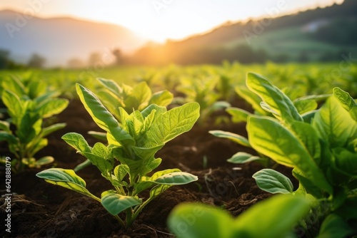 Young tobacco plant in a row in morning light on a natural background