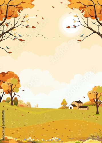 Autumn landscape forest tree,grass field with sunrise sky over mountain,Fall season countryside village with cloud sky and Sun in yellow foliage,Vector cartoon vertical banner nature Autumn background