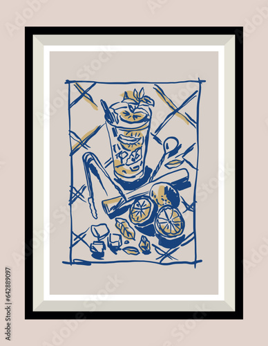Cocktail hand drawn illustration in a poster frame for wall art gallery