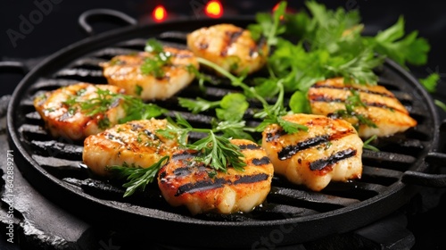Grilled scallops on a grill with parsley. Digital image.