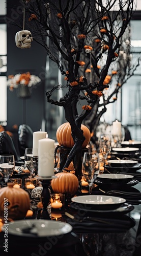 a table set for halloween dinner with pumpkins, candles and skulls hanging from the branches in the centerpiece