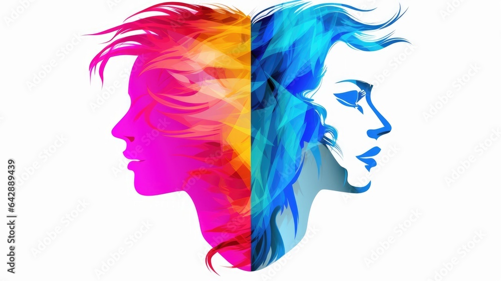 A woman's face with a multicolored hair. Digital image.