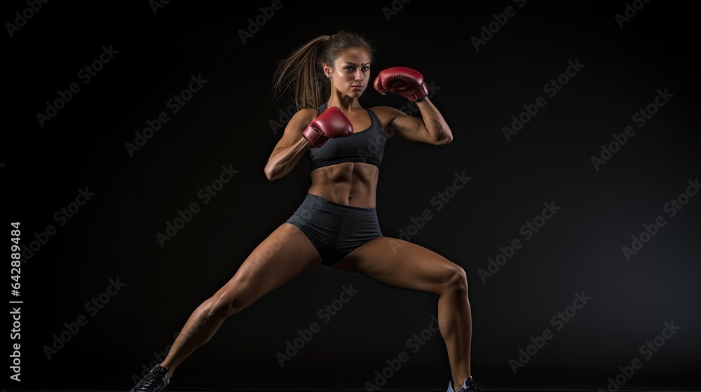 Model delivering a high kick during a kickboxing training session