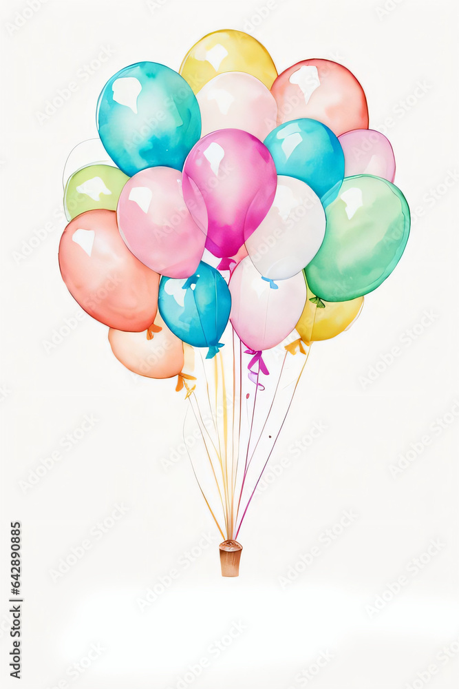Watercolor Wedding or Birthday Greetings Card Background with Ballons and Flowers