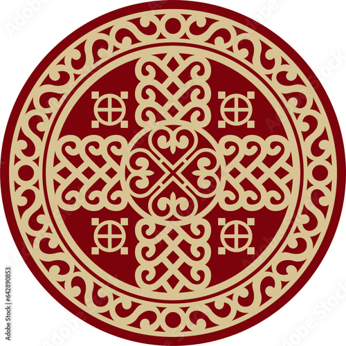 Vector red on a black background Yakut round ornament. The circle of the ancestors of the northern peoples of the tundra. Talisman, amulet, protection symbol of longevity and infinity.